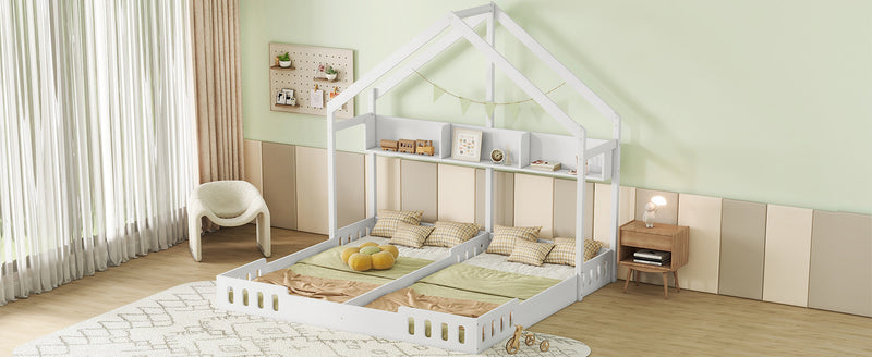 Wood Twin Size House Platform Beds,Two Shared Beds with Shelves and Guardrail, Creamy White