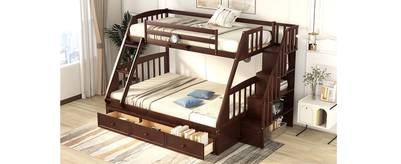 Twin-Over-Full Bunk Bed with Drawers，Ladder and Storage Staircase, Espresso