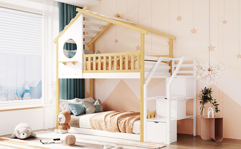 Stairway Twin-Over-Twin Bunk Bed,House Bed,Storage and Guard Rail,Natural Bed +White Stair(OLD SKU :LT000308AAK)