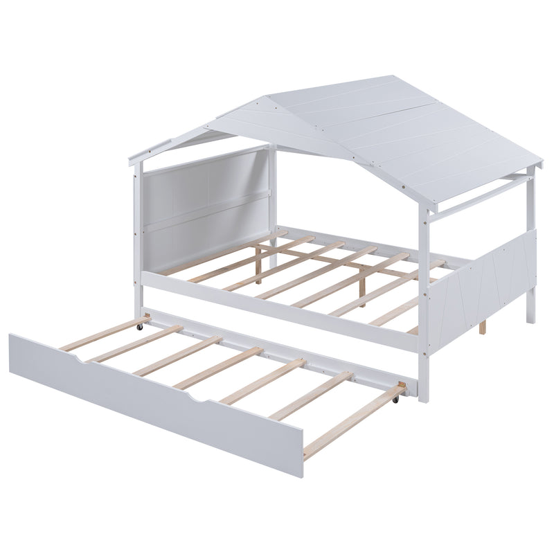 Wood Full Size House Bed with Twin Size Trundle and Storage, White