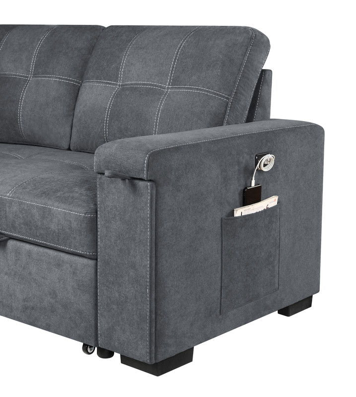 Toby - Woven Fabric Reversible Sleeper Sectional Sofa With Storage Chaise Cup Holder Charging Ports And Pockets