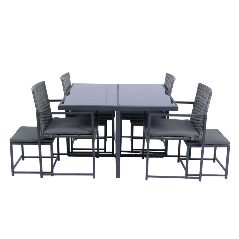 9 Pieces Patio Dining Sets Outdoor Space Saving Rattan Chairs With Glass Table Top Wicker And Cushion - Dark Gray