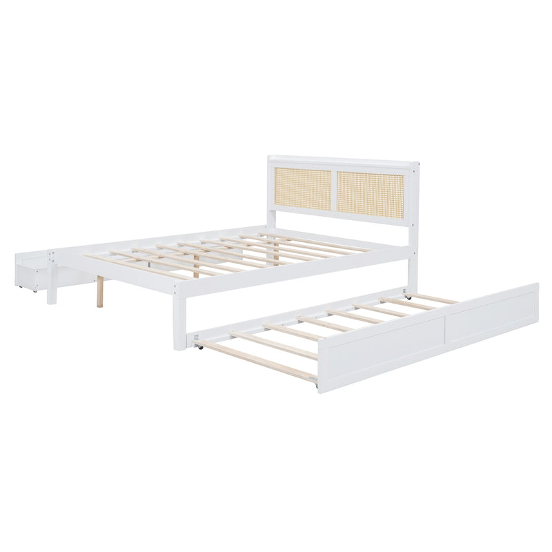 Queen Size Elegant Bed Frame with Rattan Headboard and Sockets ,White