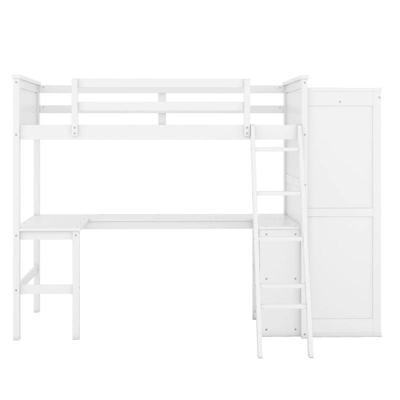 Twin size Loft Bed with Desk, Shelves and Wardrobe-White