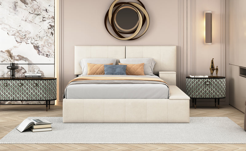 Queen Size Upholstered Platform Bed with Lateral Storage Compartments and Thick Fabric, Velvet, Beige