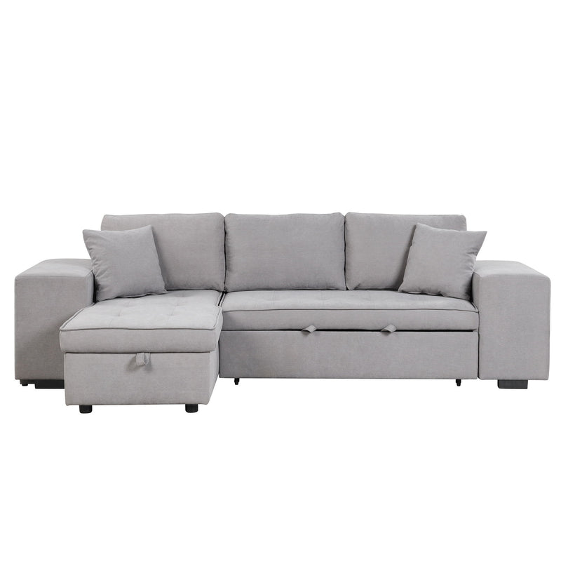 Pull Out Sleeper Sofa Reversible L-Shape 3 Seat Sectional Couch With Storage Chaise And 2 Stools For Living Room Furniture Set - Gray