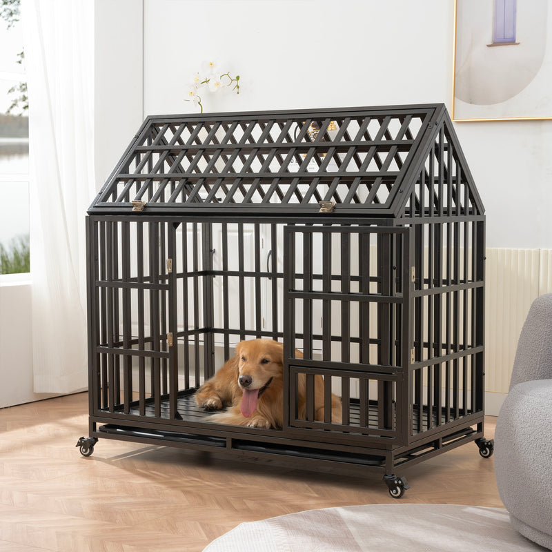 Heavy Duty Dog Cage Pet Crate With Roof & Window On Roof - Black