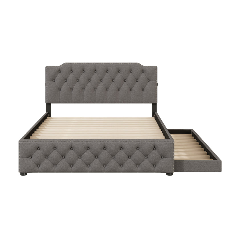 Queen Size Upholstered Platform Bed with Twin Size Trundle and 2 sets of USB Ports on each side, Linen Fabric, Gray