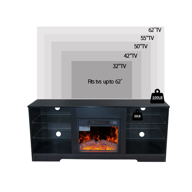 57.8" Fireplace TV Stand With 18" Electric Fireplace Heater, Modern Entertainment Center For TVs Up To 62" With Adjustable Glass Shelves And Storage Cabinets