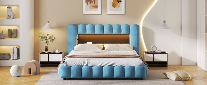 Queen Size Upholstered Platform Bed with LED Headboard and USB, Blue