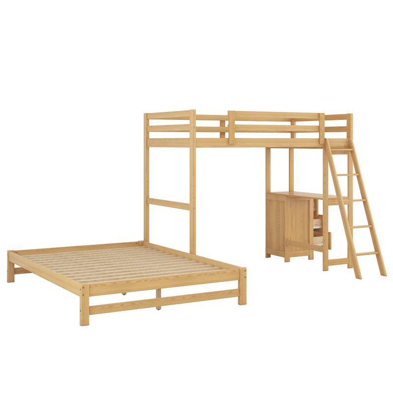 Twin over Full Bunk Bed with Built-in Desk and Three Drawers, Natural