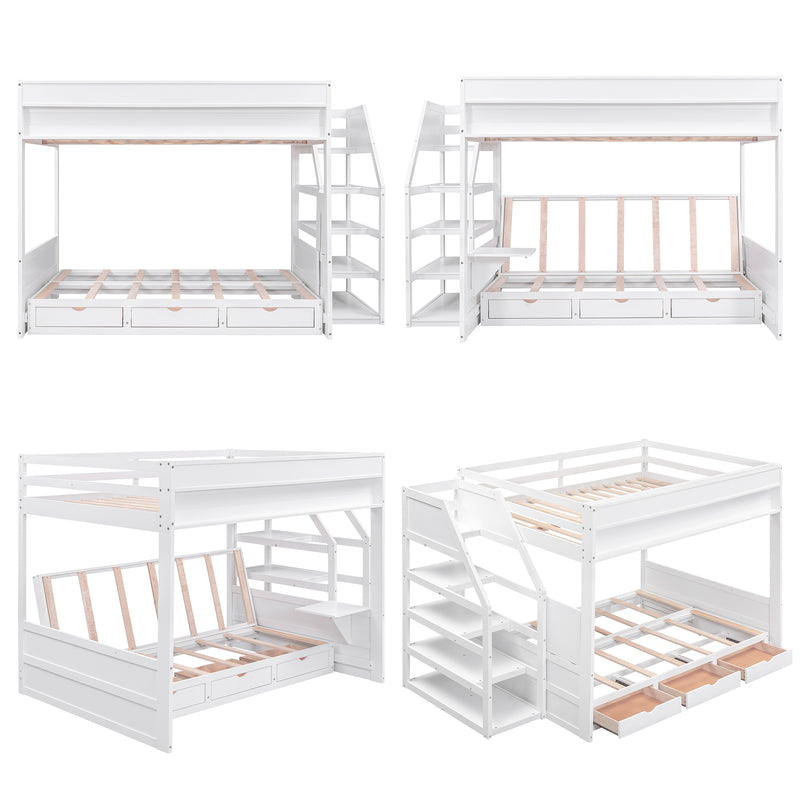 Wood Full Size Convertible Bunk Bed with Storage Staircase, Bedside Table, and 3 Drawers, White