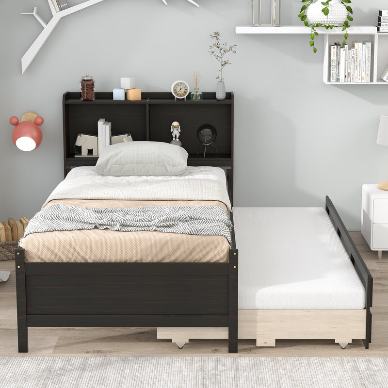 Twin Bed with Bookcase,Twin Trundle,Drawers,Espresso