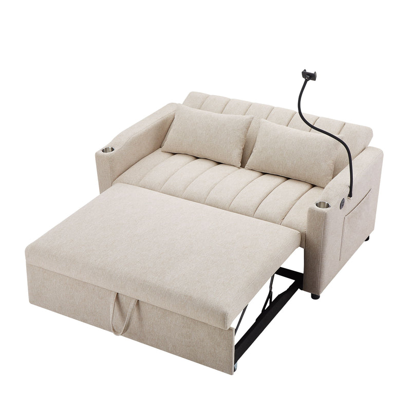 Convertible Sofa Bed Loveseat Sofa With Three USB Ports, Two Side Pockets, Two Cup Holders And 360° swivel Phone Holder For Living Room