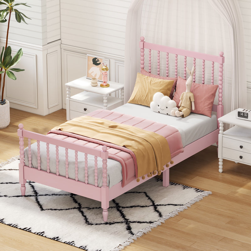 Twin Size Wood Platform Bed with Gourd Shaped Headboard and Footboard, Pink