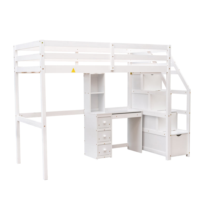 Twin Size Loft Bed with a Stand-alone Bed, Storage Staircase, Desk, Shelves and Drawers, White