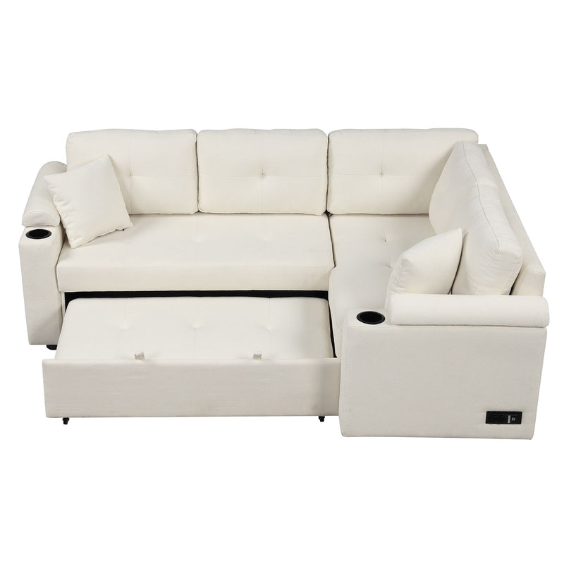 L-Shape Sofa Bed Pull-Out Sleeper Sofa With Wheels, USB Ports, Power Sockets For Living Room