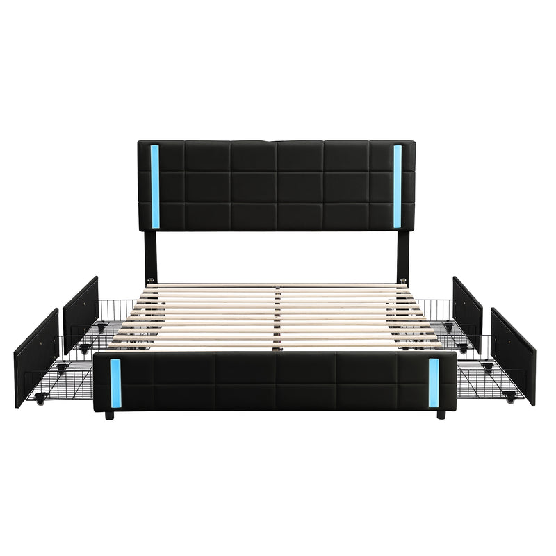 Queen Size Upholstered Platform Bed with LED Lights and USB Charging, Storage Bed with 4 Drawers, Black(Old SKU:WF302558AAB)