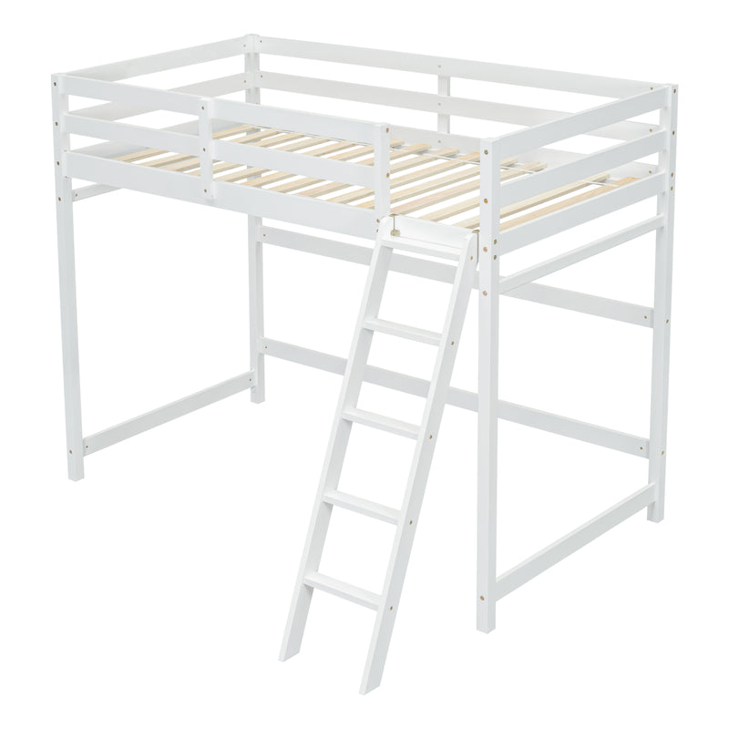 Twin Size High Loft Bed with inclined Ladder, Guardrails,White