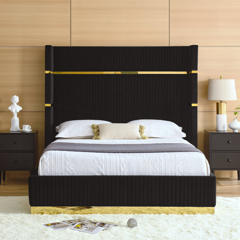 Corduroy Upholstered Bed Frame Queen Size 65" Tall Wingback Headboard Queen Bed Frame Metal Decoration /No Box Spring Needed