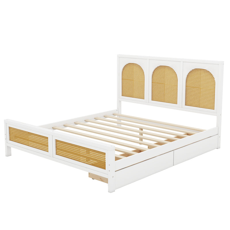 Queen Size Wood Storage Platform Bed with 2 Drawers, Rattan Headboard and Footboard, White