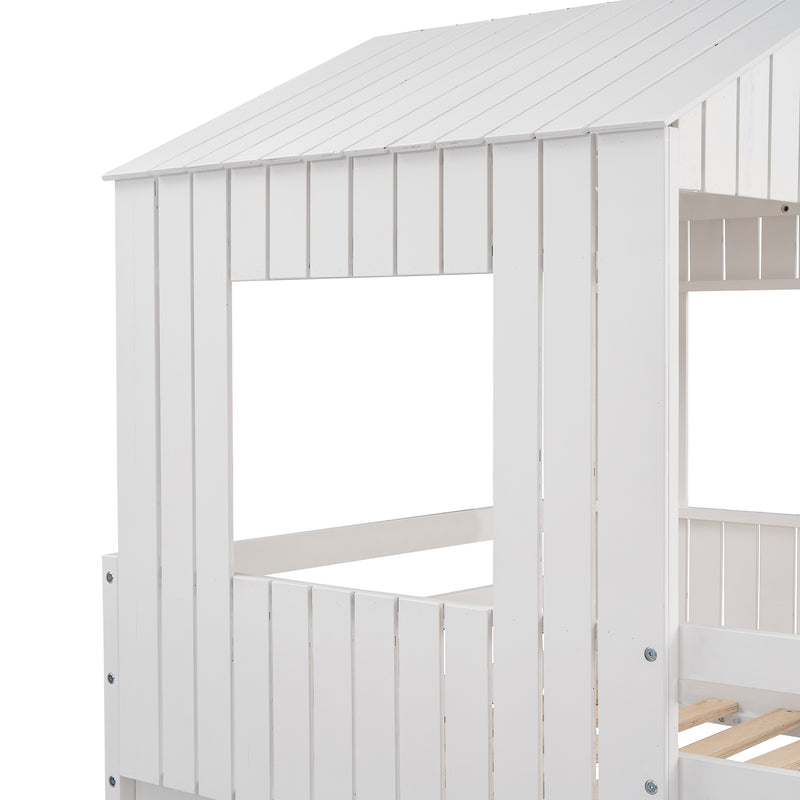 Wooden Twin Over Full Bunk Bed, Loft Bed with Playhouse, Farmhouse, Ladder, Slide and Guardrails, White(OLD SKU :LT000028AAK)