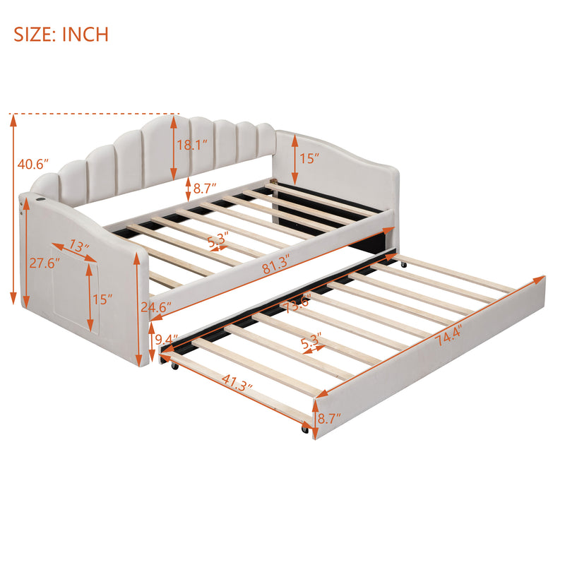 Twin size Upholstered Daybed with Trundle ,Velvet Sofabed with USB Charging Ports,No Box-spring Needed,Beige