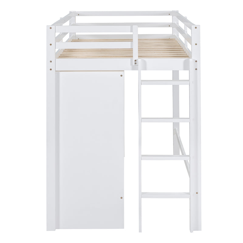 Twin size Loft Bed with Drawer, Two Wardrobes and Mirror, White