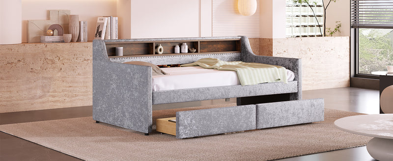 Twin Size Snowflake Velvet Daybed with Two Storage Drawers and Built-in Storage Shelves,Gray