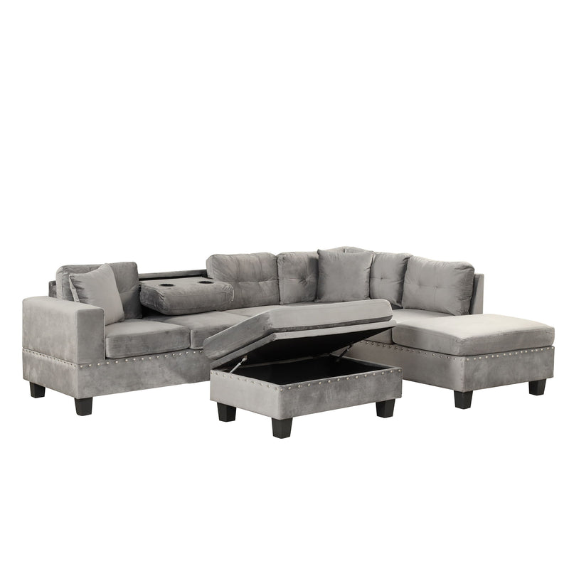 Modern Sectional Sofa With Storage Ottoman, L-Shape Couch With 2 Pillows And Cup Holder, Sectional Sofa With Reversible Chaise For Living Room