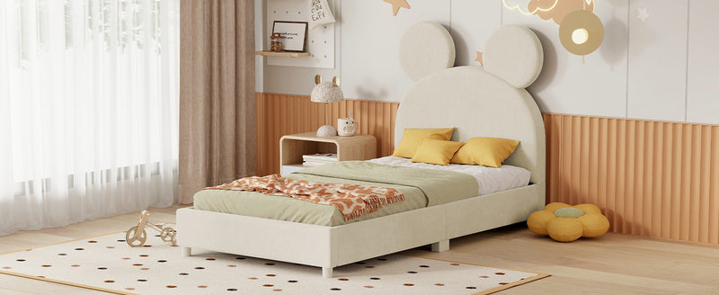 Twin Size Upholstered Platform Bed with Bear Ear Shaped Headboard, Beige