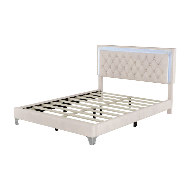 Queen Size Upholstered Bed Frame with LED Lights,Modern Velvet Platform Bed with Tufted Headboard,Beige