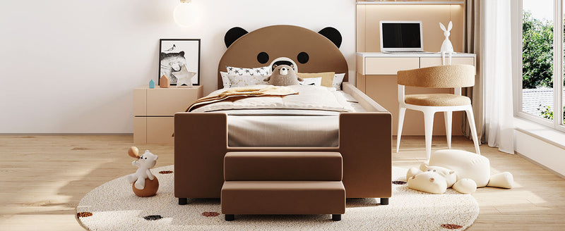 Twin Size Upholstered Daybed with Bear Shaped Headboard, Hydraulic System and Breathable Mesh Fence, Brown