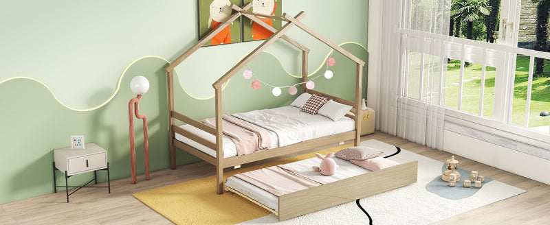 Twin Size  House-shaped Bed with Trundle,Natural