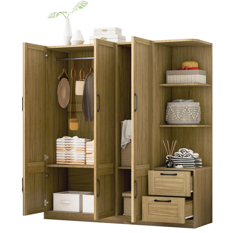 3 Door Storage Wardrobe For Dedroom With Shelves And 2 Drawers, Side Storage Shelves