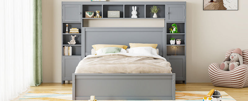 Queen Size Wooden Bed With All-in-One Cabinet, Shelf and Sockets, Gray