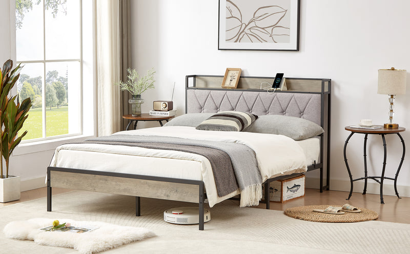 Bed frame with charging station full size, Grey, 83.1'' L x 56.1'' W x 39.2'' H.