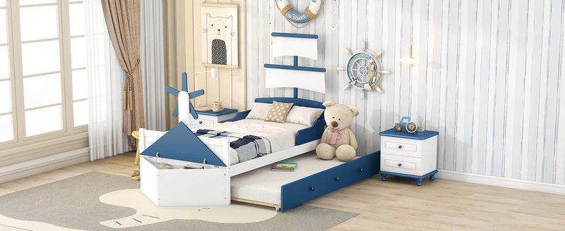 3-Pieces Bedroom Sets,Twin Size Boat-Shaped Platform Bed with  Trundle and Two Nightstands,White+Blue