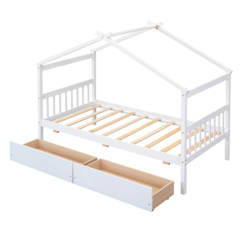 Twin Size Wooden House Bed with Drawers, White