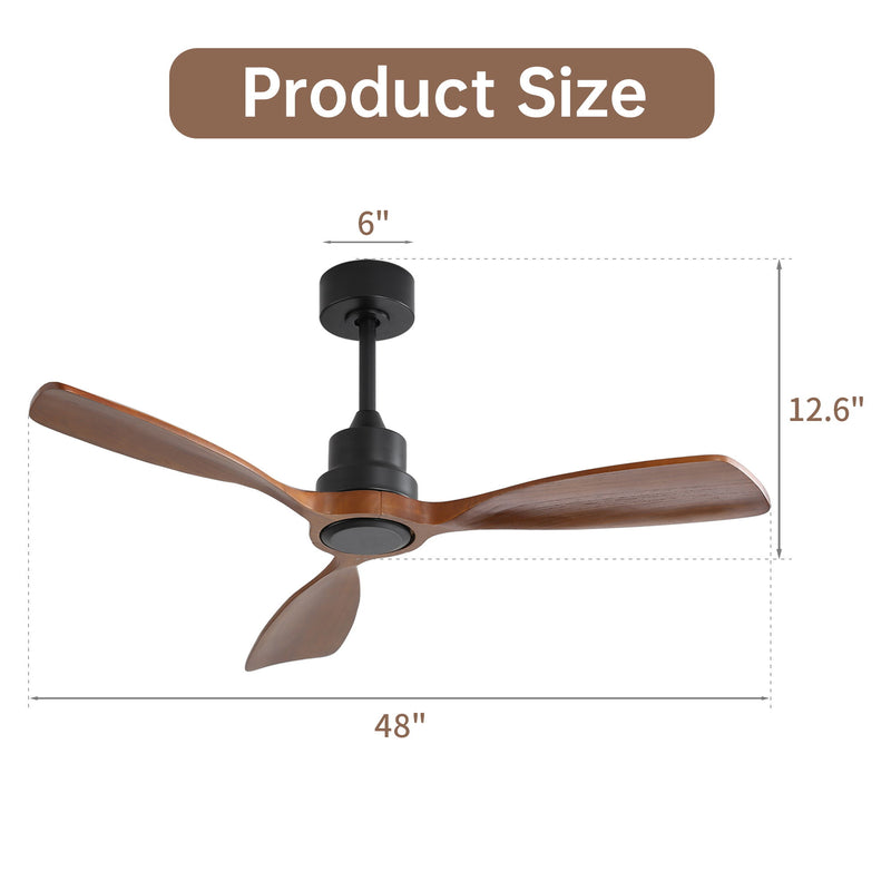 48" Ceiling Fan Without Light, 3 Solid Wood Blades Outdoor Ceiling Fan 6 - Speed Reversible DC Motor For Living Room - Black