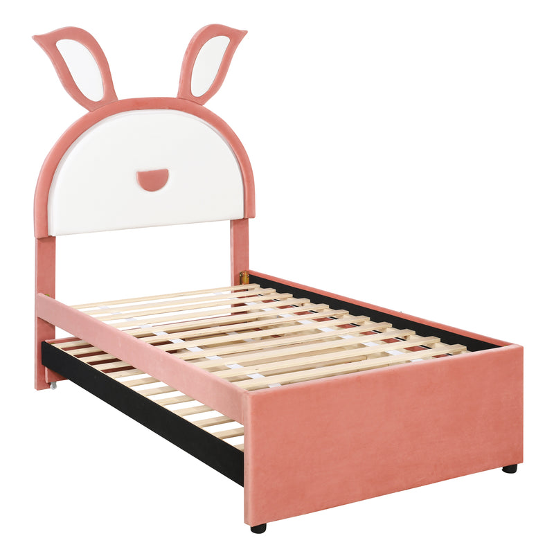 Twin Size Upholstered Platform Bed with Trundle and 3 Drawers, Rabbit-Shaped Headboard with Embedded LED Lights, Pink