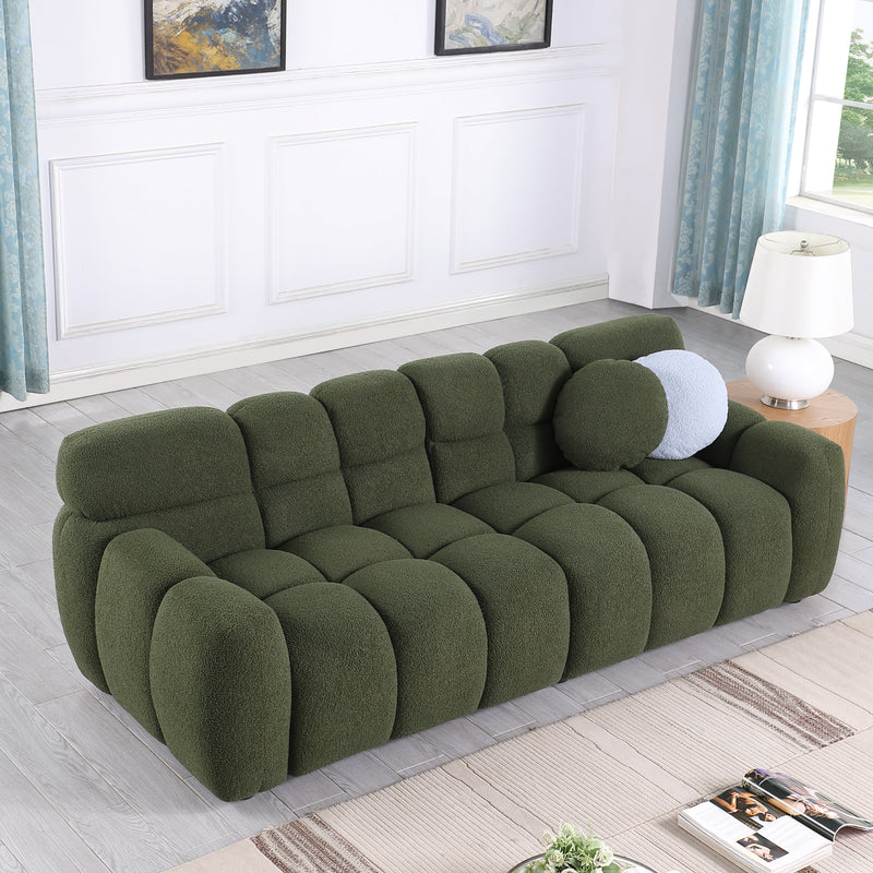 87.4 length ,35.83" deepth ,human body structure for USA people,  marshmallow sofa,boucle sofa ,3 seater, OLIVE GREEN BOUCLE