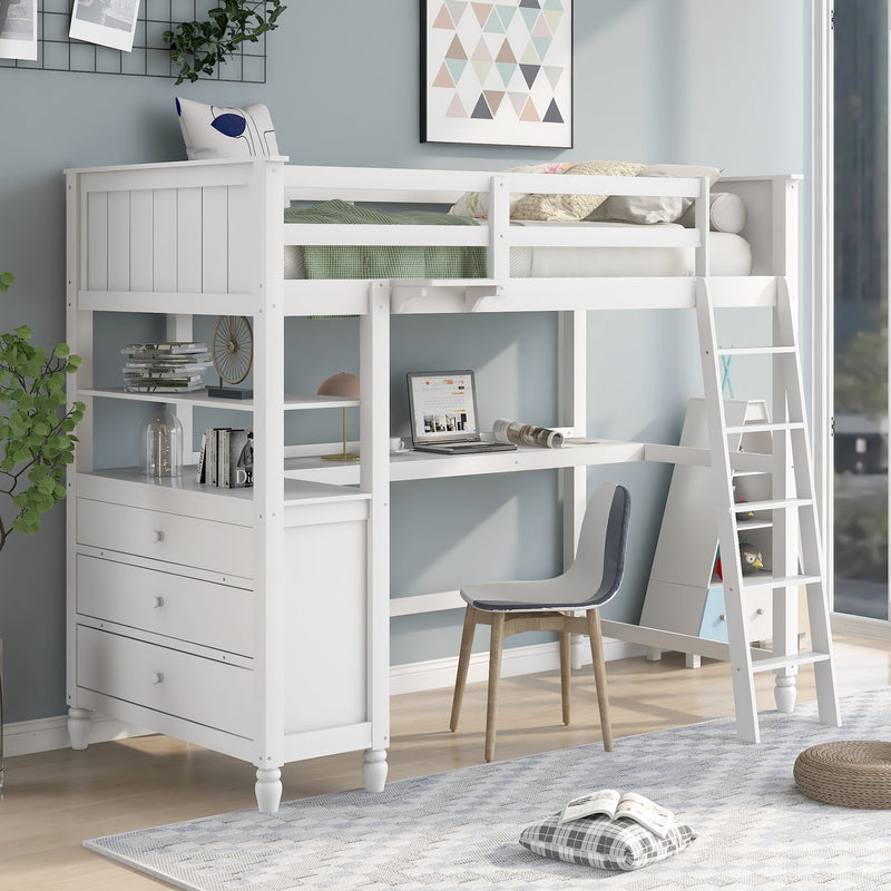 Twin size Loft Bed with Drawers and Desk, Wooden Loft Bed with Shelves - White(OLD SKU: LT001530AAK)