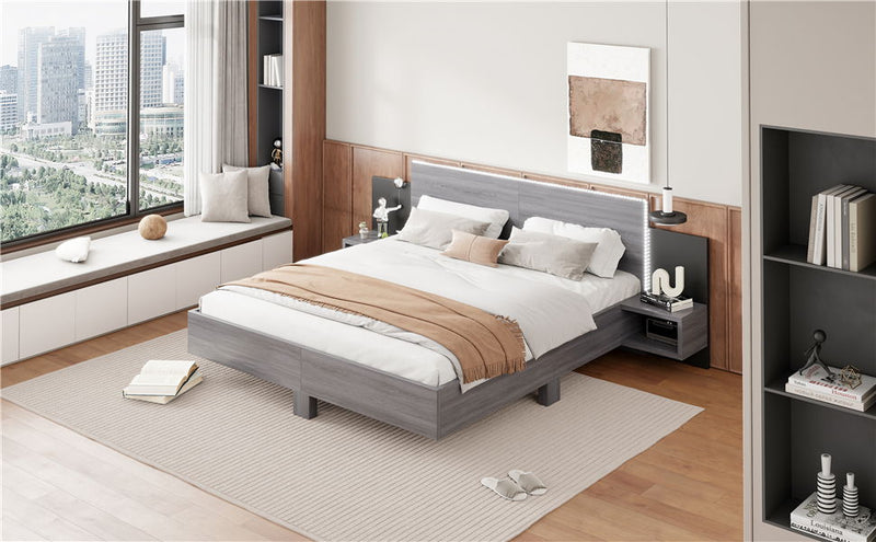 Floating Platform Bed, With LED Lights, Bedside Nightstand