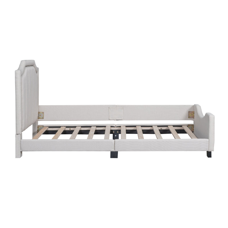 Twin Size Upholstered Platform Bed with Nailhead Trim Decoration and Guardrail, Beige