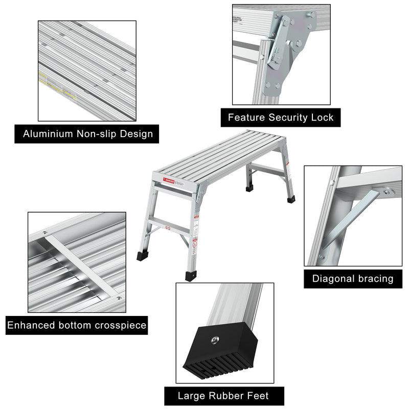 Work Platform Aluminum Portable Bench Folding Ladder Ansi Capacity 225 Lbs 40" - Gray