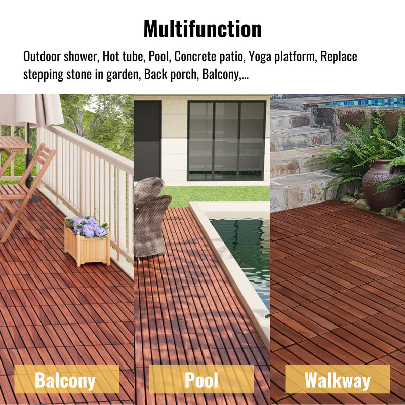 Interlocking Deck Tiles Striped Pattern, Square Acacia Hardwood Outdoor Flooring For Patio, Bancony, Pool Side