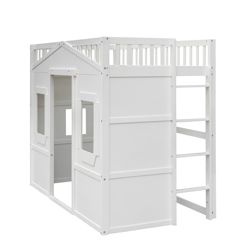 Twin Size House Loft Bed With Ladder-White