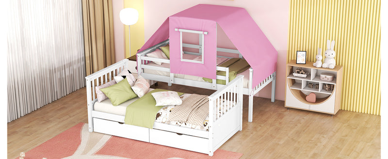 Twin Over Twin Bunk Bed Wood Bed with Tent and Drawers, White+Pink Tent