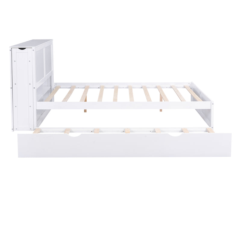 Queen Size Storage Platform Bed with Pull Out Shelves and Twin  XL Size Trundle, White